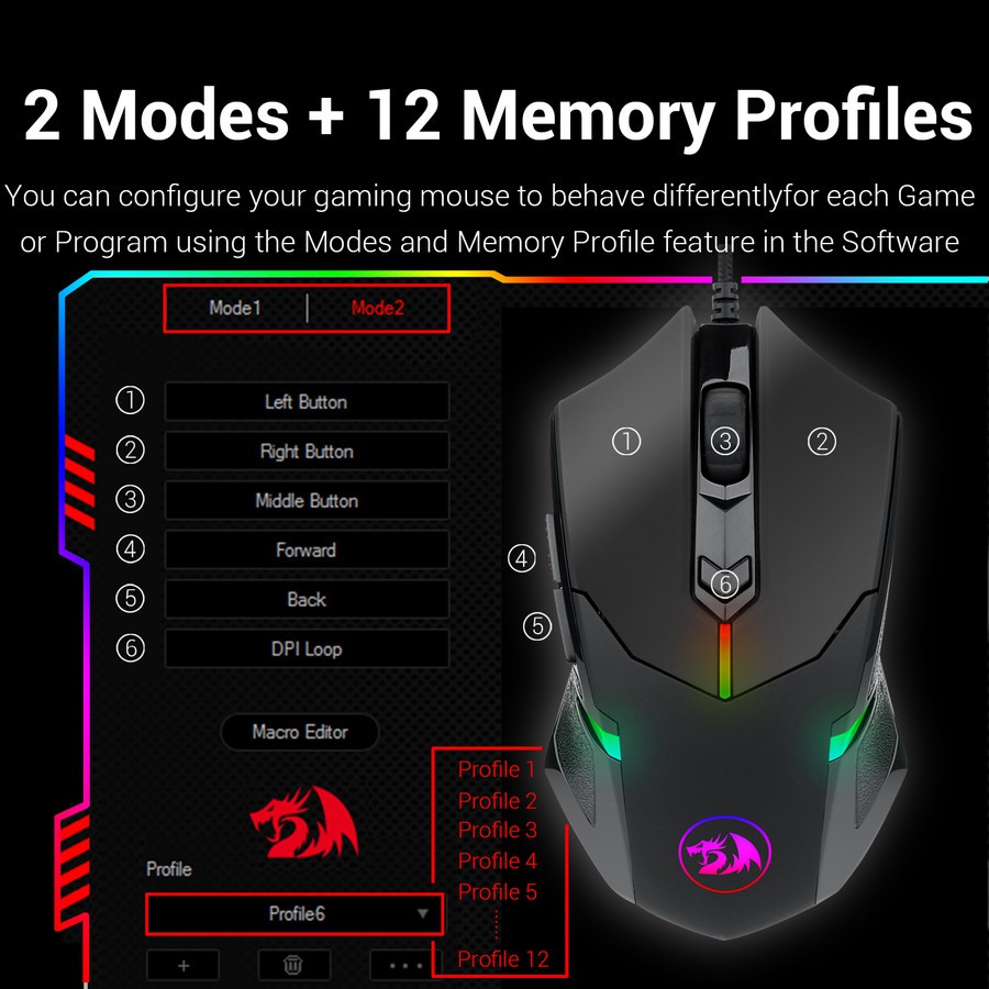 Mouse gaming redragon wired usb 3200dpi 1000hz 6d macro with tunning weight centrophorus m601-3 rgb