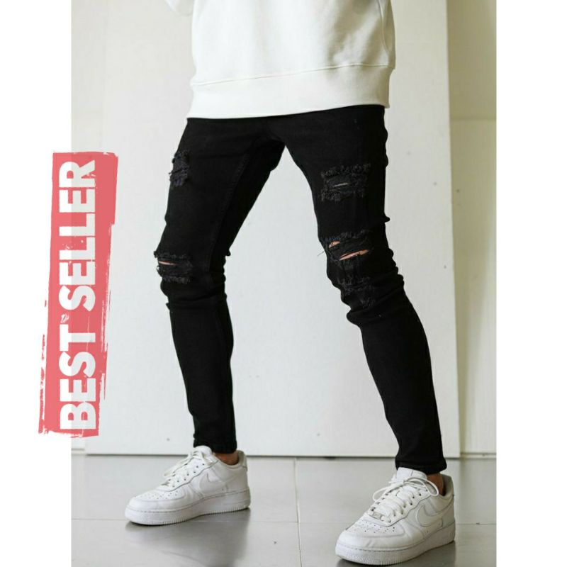 CELANA SOBEK PRIA RIPPED JEANS SLIMFIT SKINNY STRETCH PENSIL HITAM PREMIUM 27-38