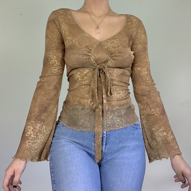 Elegant Lady Autumn T-shirt 90s Vintage Y2K Fairy Grunge Long Sleeve V Neck Mesh See Through Sexy Cr