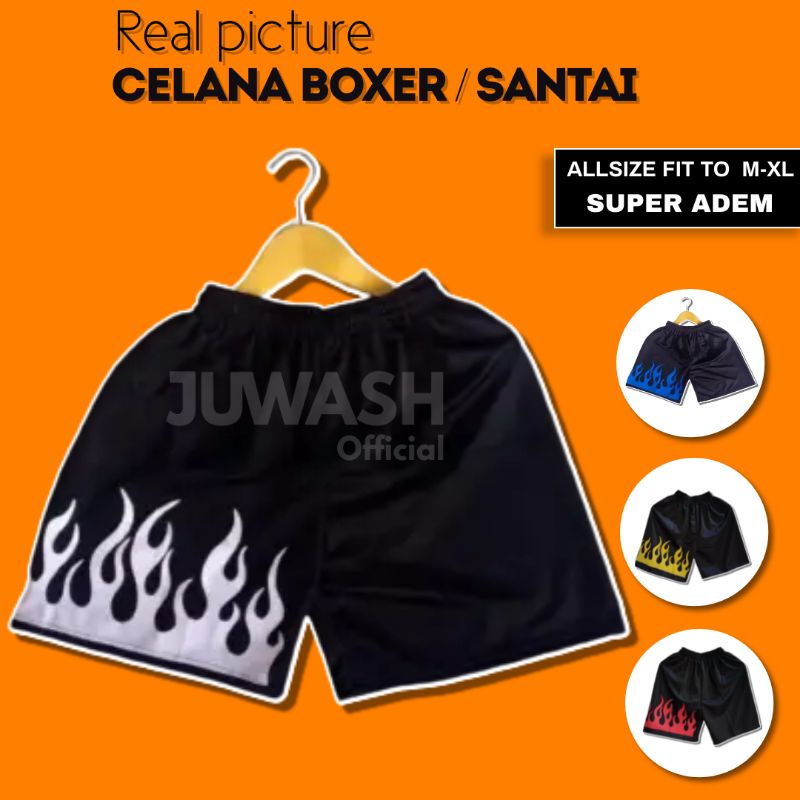 CELANA BOXER PENDEK UNISEX COWO CEWEK TERBARU KATOK KOLOR SANTAI PRIA LAKI LAKI MOTIF API MURAH