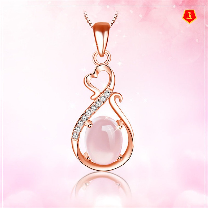 [Ready Stock]Korean Necklace Ross Quartz Pink Crystal Fashion Heart-Shaped Women's Pendant