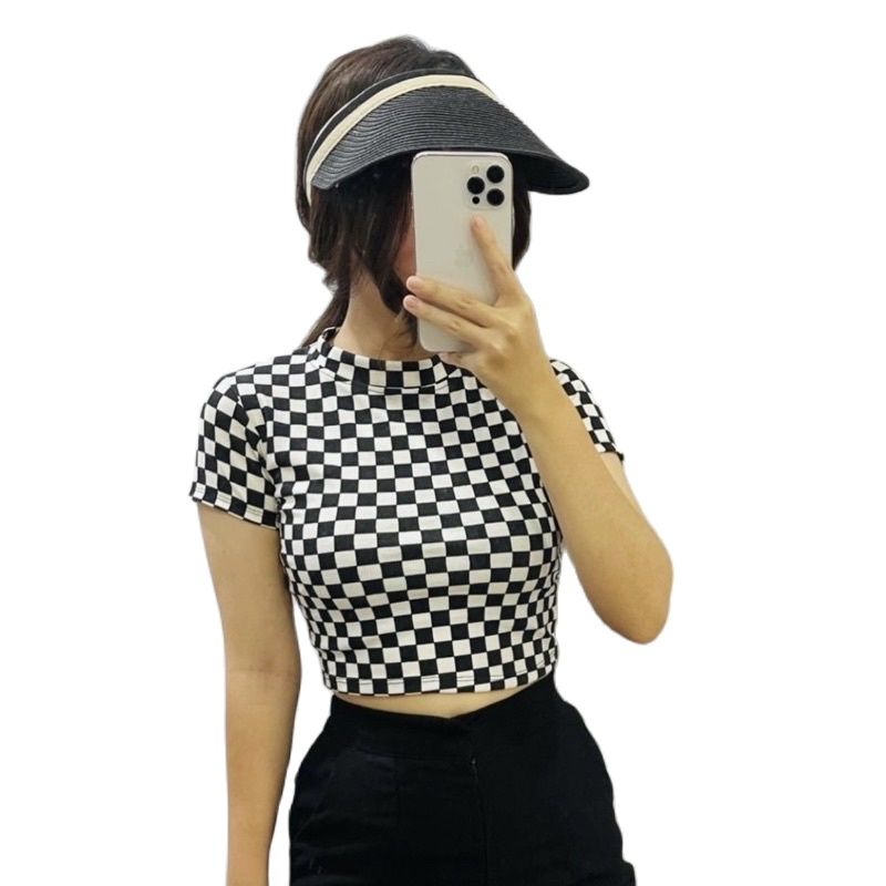 ZASKIYA - Checker Catur Crop Top Rib / Atasan Wanita Crop Top