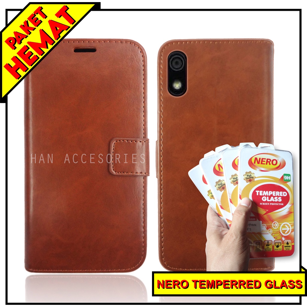 (PAKET HEMAT) Fashion Selular Flip Leather Case Xiaomi Redmi 7/7A/REDMI 8/8A PRO/9/9A/9T Flip Cover Wallet Case Flip Case + Nero Temperred Glass