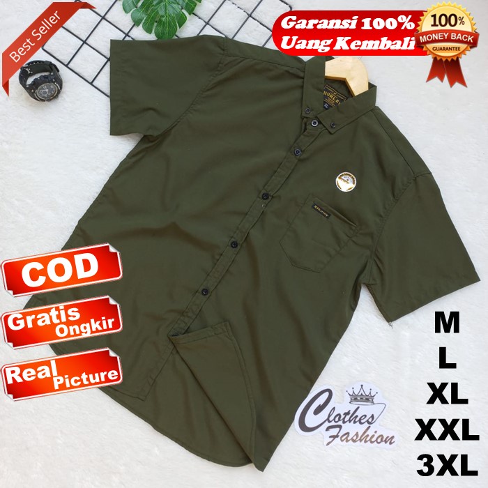 Baju Kemeja Pria Lengan Pendek Polos Hijau Army Slim Fit Katun Poplin Linen Jumbo Pria Cowok Laki La