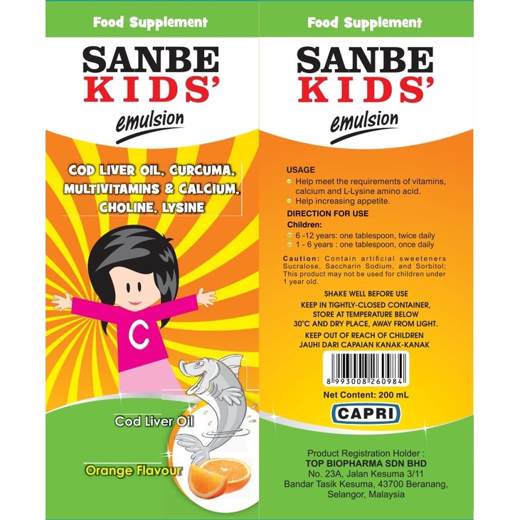 Sanbe Kids Emulsion 200mL Rasa Jeruk Vitamin Anak Minyak Ikan Kod Vitamin C Anak Kalsium Anak Tingka