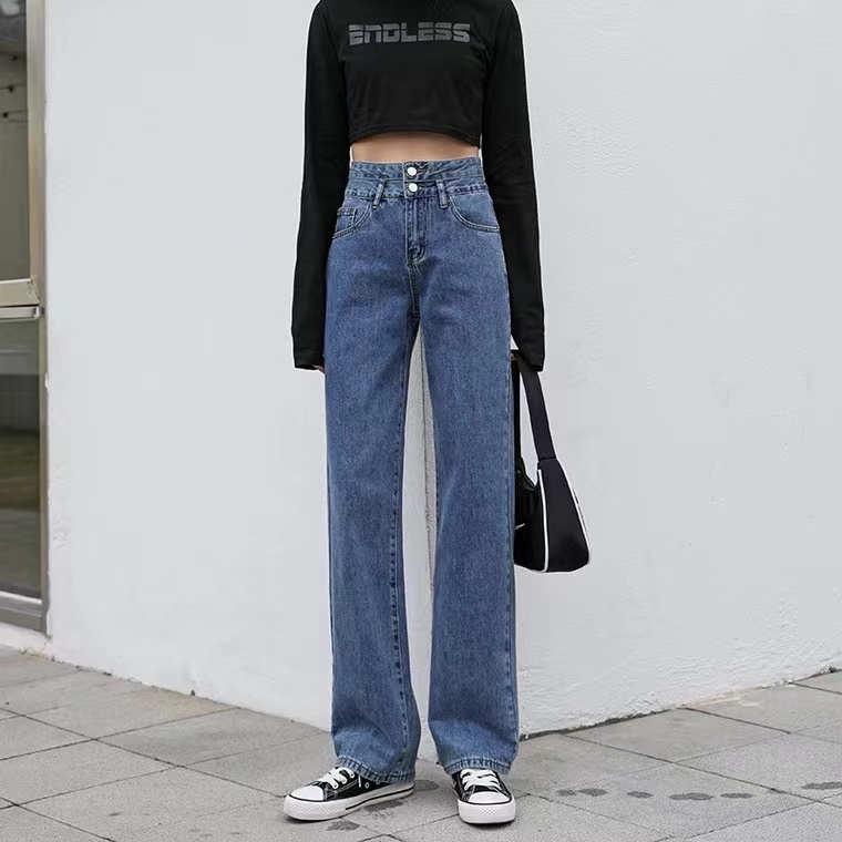 Berpinggang Tinggi Longgar Gaya Korea Lurus Berkaki Biru / Hitam Celana Jeans Wanita