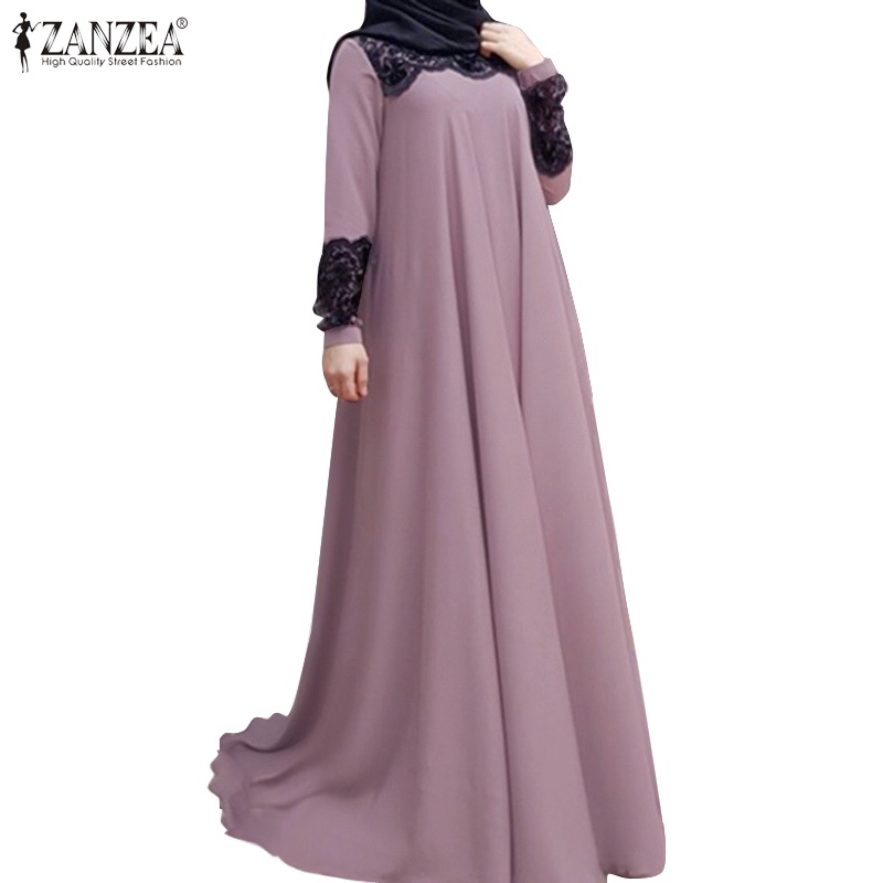 ZANZEA Women Muslim Long Sleeve Loose Solid Color Lace Patchwork Big Swing Dress