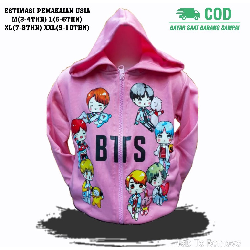 Jaket Kuping Anak Perempuan Cewek Jaket Anak Perempuan Karakter Cantik Lucu Usia Umur Paud TK SD SMP 1 2 3 4 5 6 7 8 9 0 Tahun-PINK BTS02