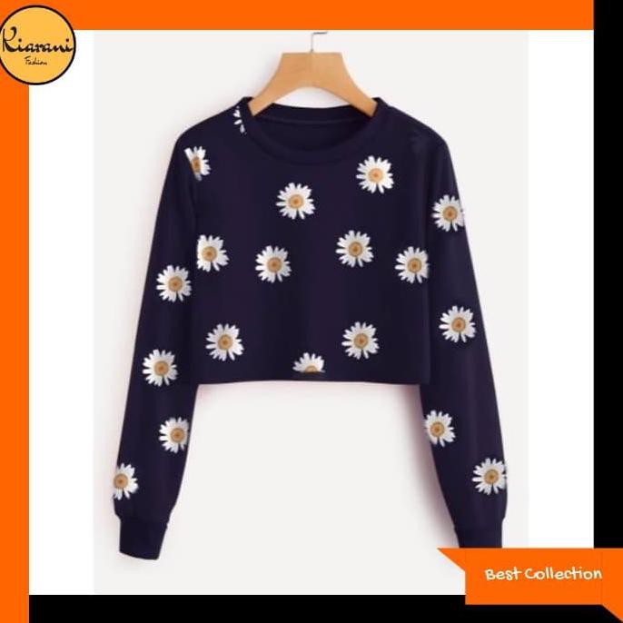 Sweater Crop Bunga 210 / Sweater Wanita Sunflower 210 - Hitam