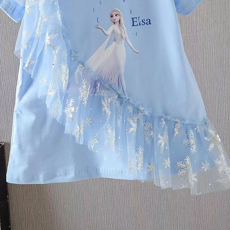 [PRINCESS KESLI] SIZE(90-140)Dress Anak Perempuan Elsa Lengan Pendek T-Shirt Dress/1-9 Tahun Baju Kaos anak cewek