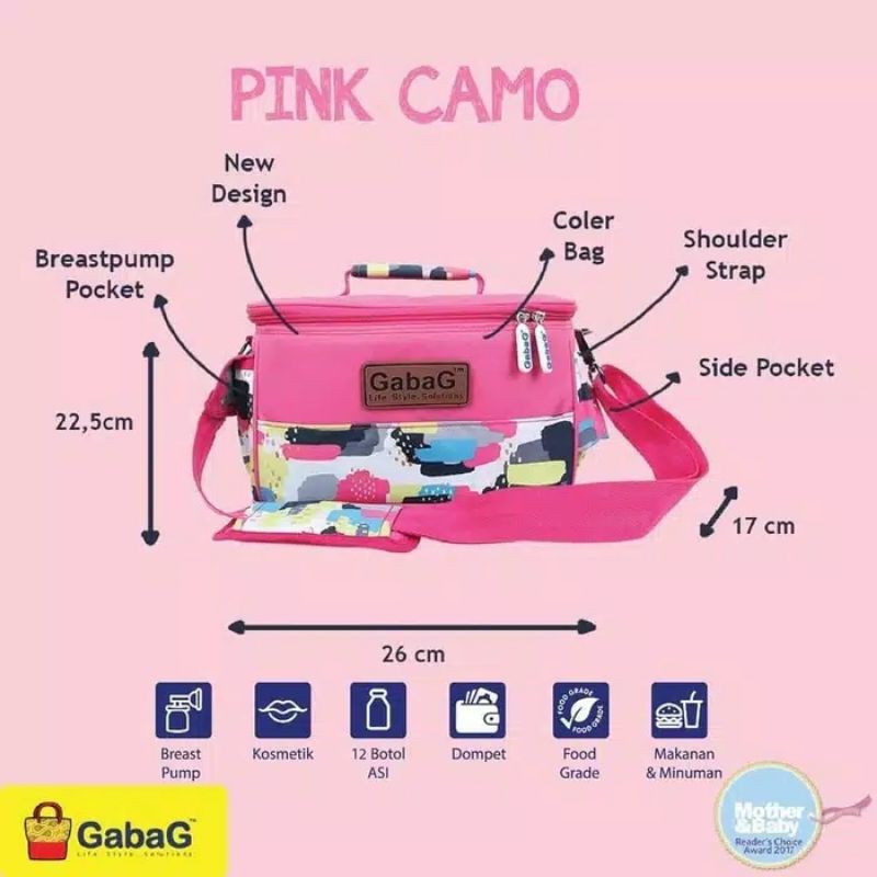 GABAG COOLER BAG SINGLE SLING SERIES PINK CAMO  FREE ICE GELL 500GR
