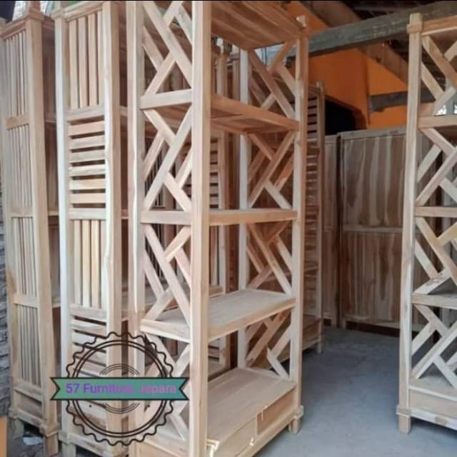 Lemari Buku Jati Mentahan Rak Boneka Rak Tas Pajangan Hias Ruang Tamu