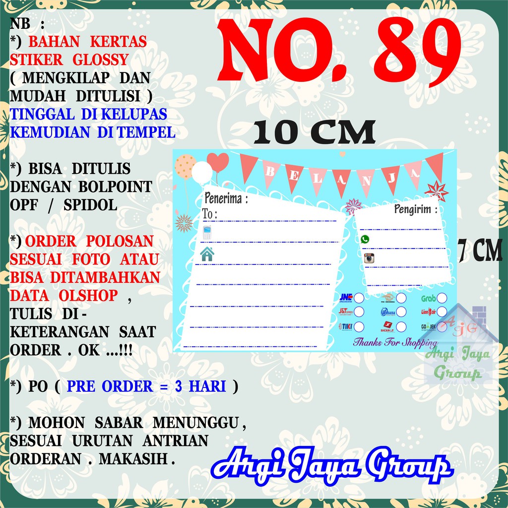 

Stiker Pengiriman - Sticker Alamat Olshop Murah Nomer 89 - 10x7 cm - Glossy