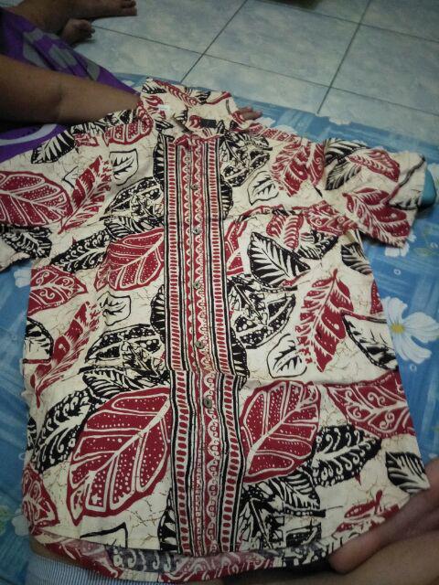 Kemeja 113 Vd# Kemeja Batik Pria Warna Merah Motif Daun Bahan Katun Stretchy