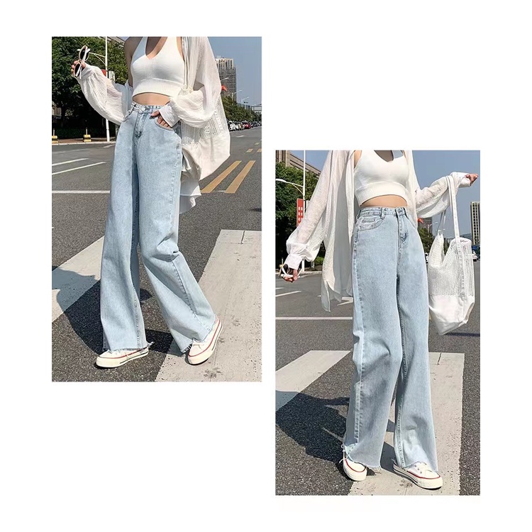 korean style new biru muda straight boyfriend celana jeans longgar wanita