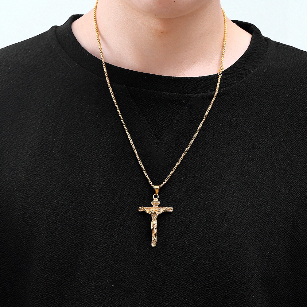 Kalung Rantai Panjang Liontin Salib Yesus Bahan Stainless Steel Alloy Gaya Gothic Untuk Pria Dan Wanita