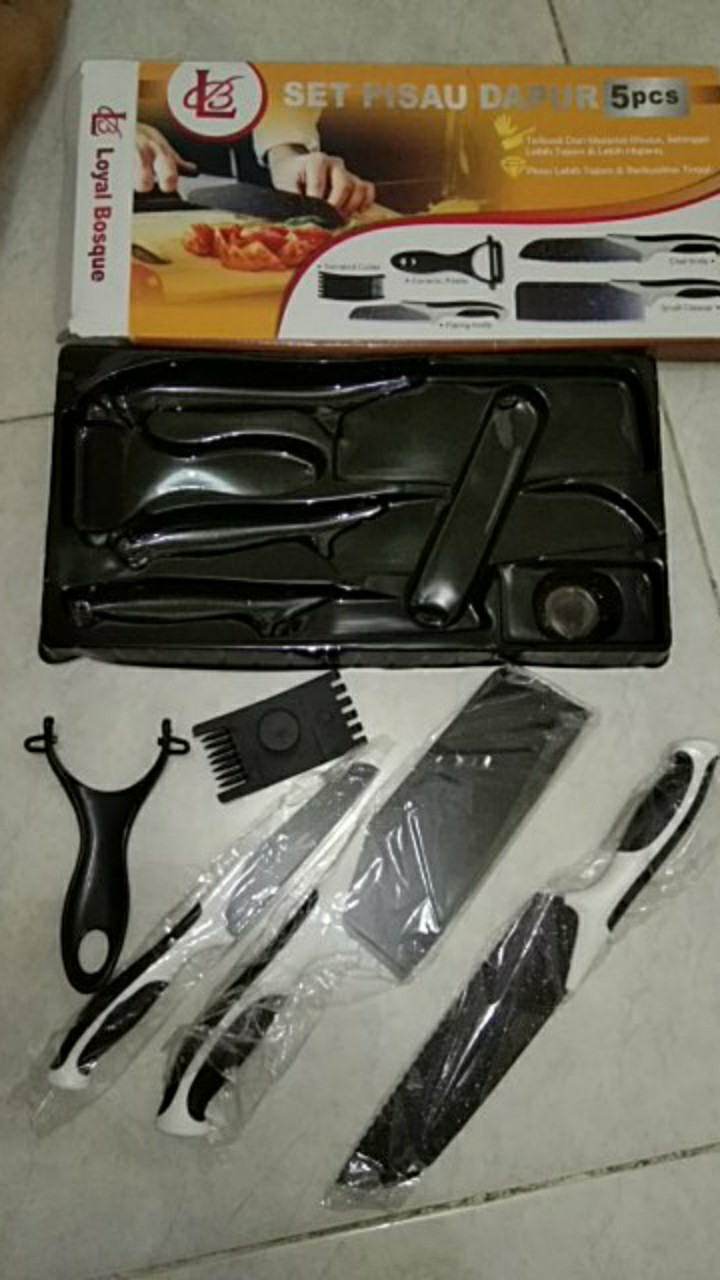 Cod Set 5 Pisau Hitam Chef Knife / Small Cleaver / Paring Knife / Peeler / Serrated Cutter (j13)