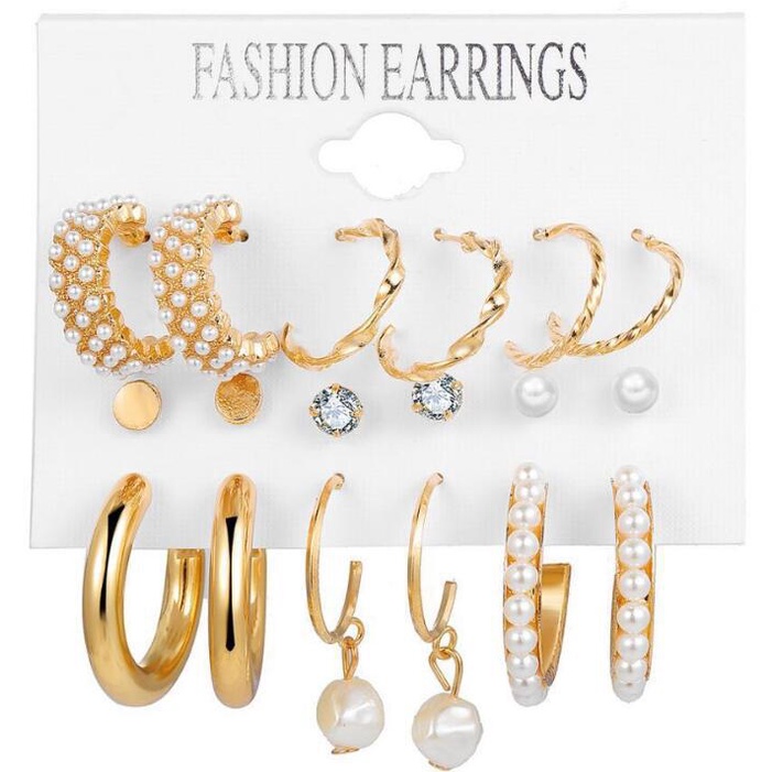 9 Pcs Baru Eropa dan Amerika Mutiara Temperamen Anting-Anting Set Wanita Geometris Zirkon Anting-Anting Fashion Aksesoris