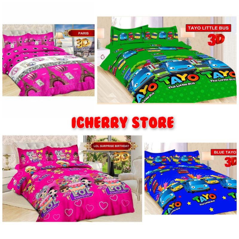 Full Set Bedcover + Sprei Bonita 3D Rumbai Karet Queen King 160x200 180x200 Motif LOL Surprise, Pari