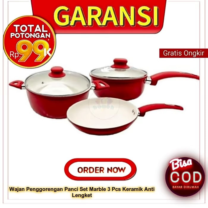 Wajan Penggorengan Panci Set Marble 3 Pcs Keramik Anti Lengket