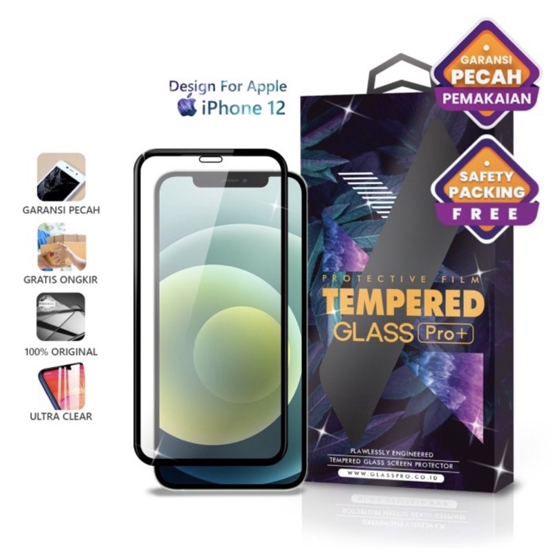 (New) Tempered Glass iPhone 12 Full Cover Black - Premium Glass Pro