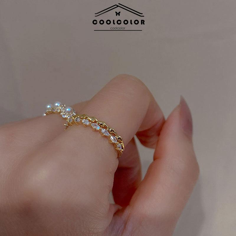 COD❤️Lapisan ganda Perancis berlian mutiara vintage cincin mewah ins Disesuaikan Terbuka  Korea Anti Karat Dan Anti Luntur Fashion Wanita Sederhana Aksesoris