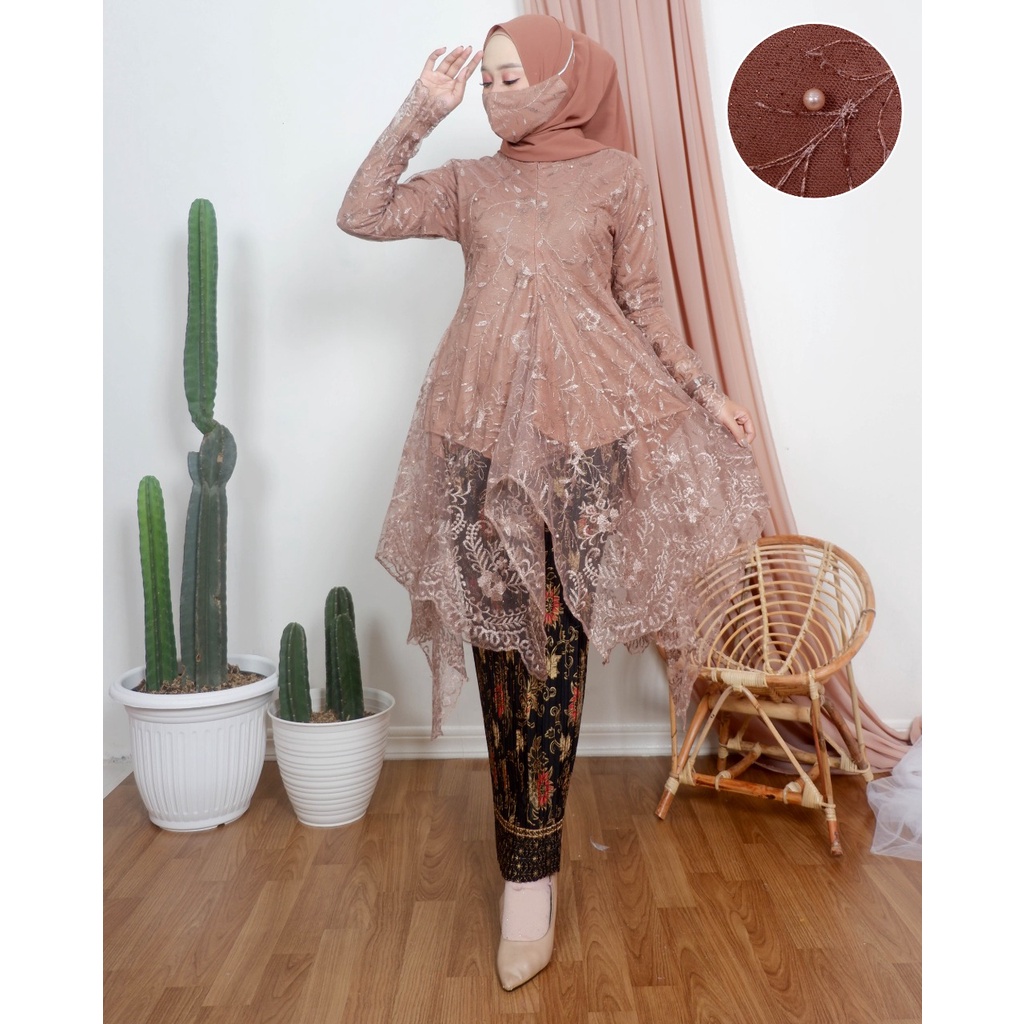 ADE> SET KEBAYA TUNIK AMANDA - OUTFIT KEBAYA MODERN - TUNIK TILLE KEBAYA MUTIARA / KEBAYA KONDANGAN-mocca