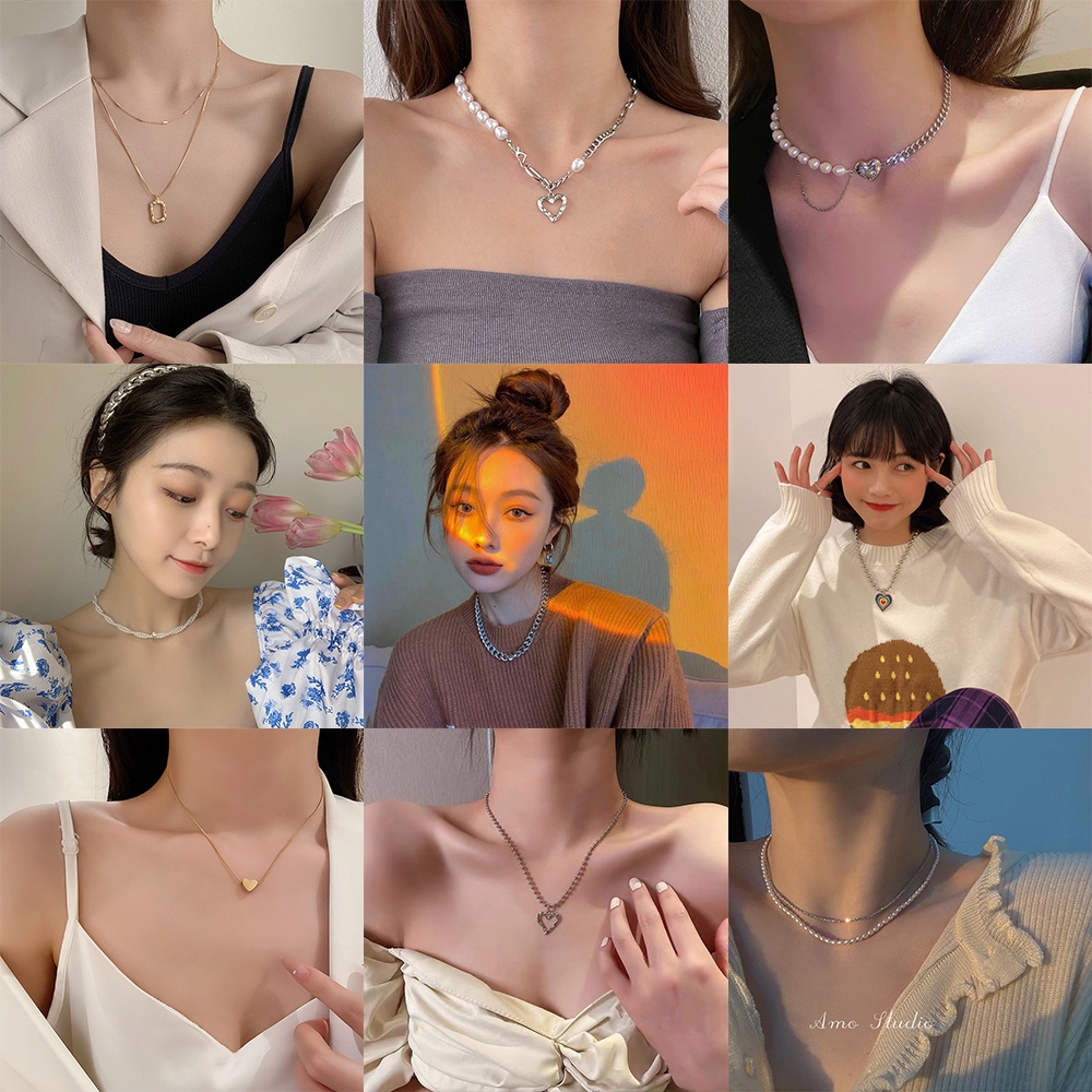 AY(CN) Korean Pearl Necklace Butterfly Heart Ring Pendant Necklaces Gold Silver Chain Choker Accessories Jewelry