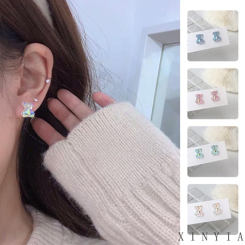 Anting Stud Mini Bentuk Beruang Warna-Warni Bahan Akrilik Untuk Wanita