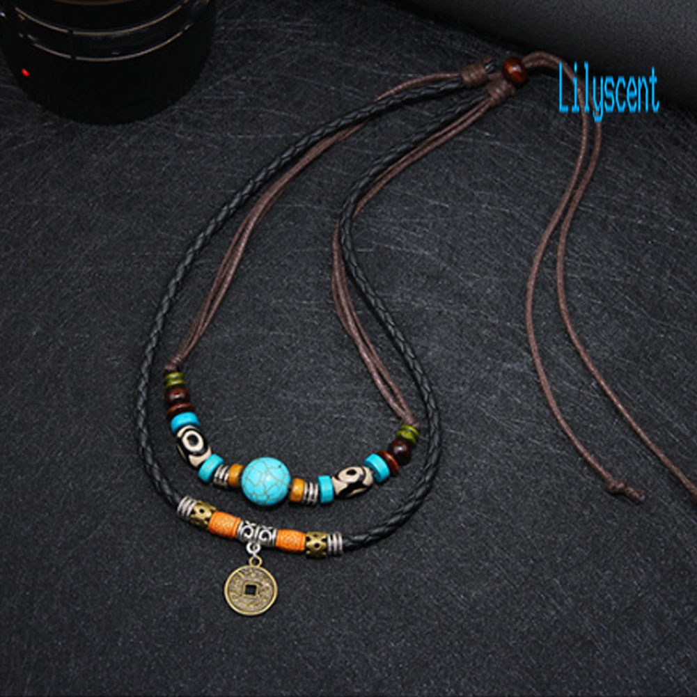 Lily Kalung Rantai Multilayer Aksen Batu Turquoise Imitasikoin Untuk Perhiasan Pria