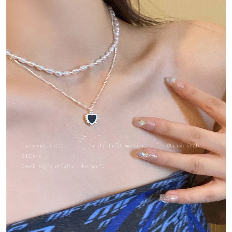 Kalung Rantai Choker Liontin Hati Hitam Hias Mutiara Ganda Untuk Wanita