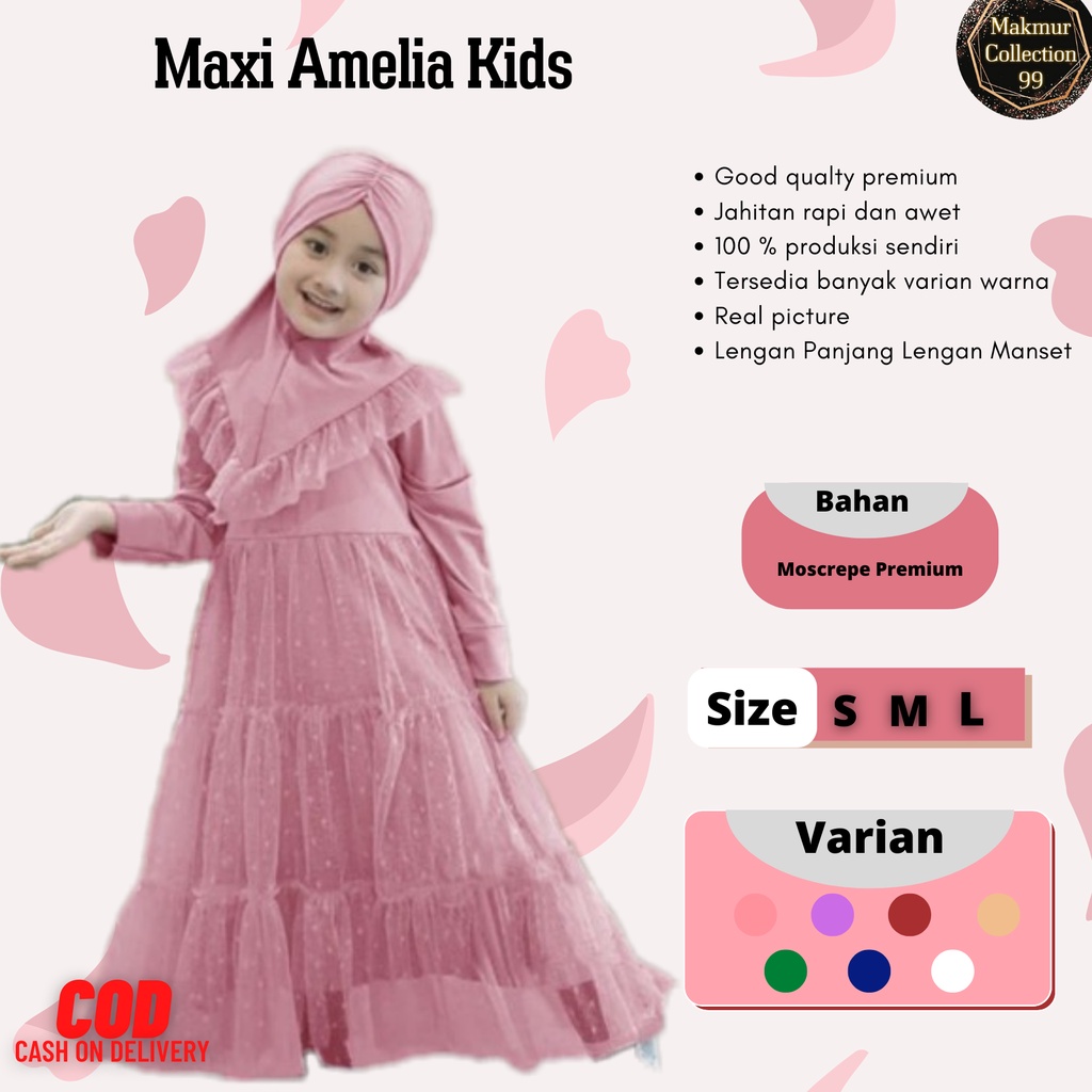 Gamis Anak Syar'I Amelia Kids Terbaru Motif bunga Free Hijab 3-11 Tahun Matt Moscrepe Good quality