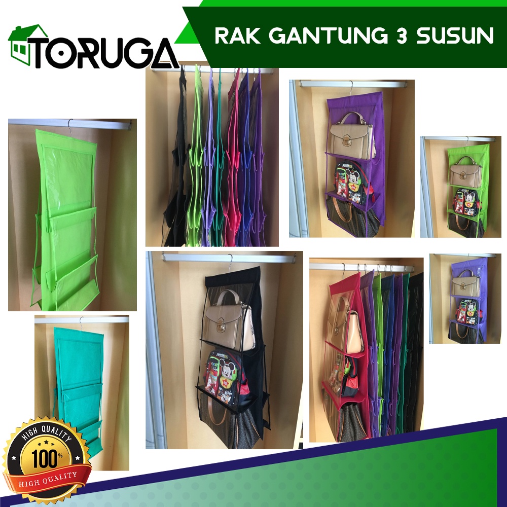 Rak Cantolan Tas GANTUNG 3 susun - Hanging Bag Organizer HBO - Tempat Penyimpanan Hand Bag 6 Sekat