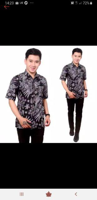 Hem Batik Kencana Hitam | Atasan Pria Batik Modern Batik Pria Motif New Sekar Warna Merah Pekalongan