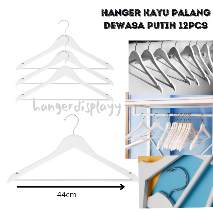 Hanger kayu Palang Dewasa (Wood) warna Putih 1 Lusin / Gantungan Baju Butik Distro / Hanger Toko (12 pcs)