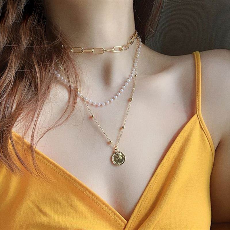 IFYOU Fashion Multilayer Pearl Gold Necklace Portrait Pendant Necklace Chain Choker Women Jewelry Accessories