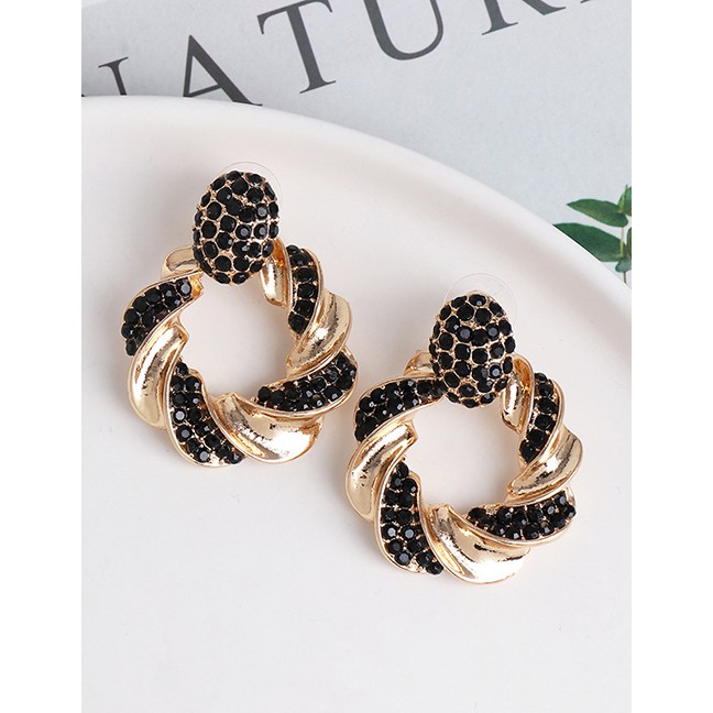 LRC Anting tusuk Fashion Black Coarse Circle Button Twist Earrings With Diamonds D80043