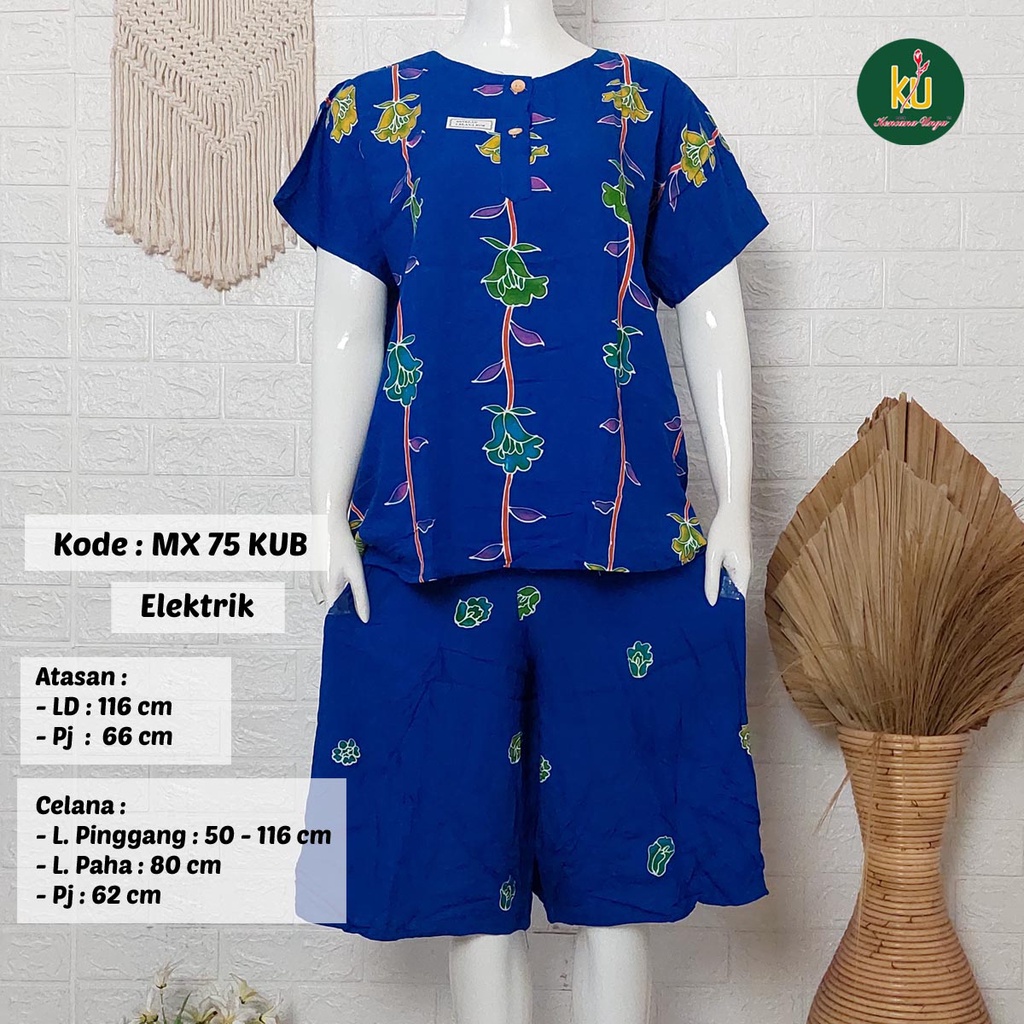 Bisa COD MX75 KUB | Setelan Kulot Celana Pendek Batik Kencana Ungu Asli Label Biru | Baju Santai Piyama Tidur Wanita Kancing Depan Busui Friendly Motif Terbaru-Elektrik E