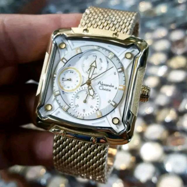 Jam Tangan Keren Elegant Pria Alexandre Christie AC 6390 Rantai Soft Gold Original