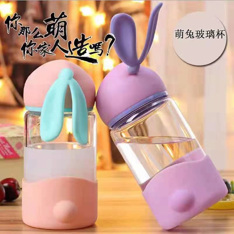 Botol Minum karakter telingga rabbit GLASS CUP Kaca Termos 340ml Water Bottle Botol Air Minum bahan kaca