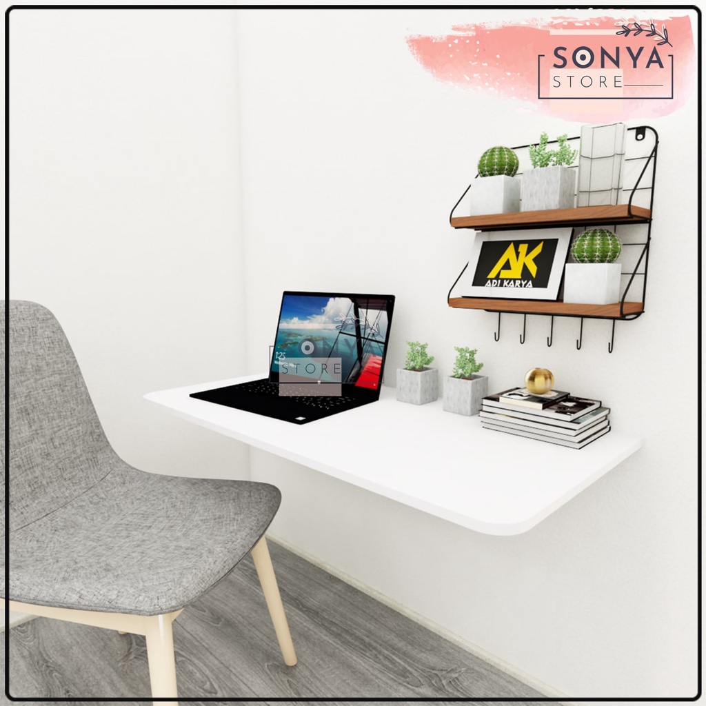 Meja Lipat Dinding 100 x 40 Meja Belajar Kerja Dinding Ambalan Tempel Braket Besi Engsel Laptop Komp