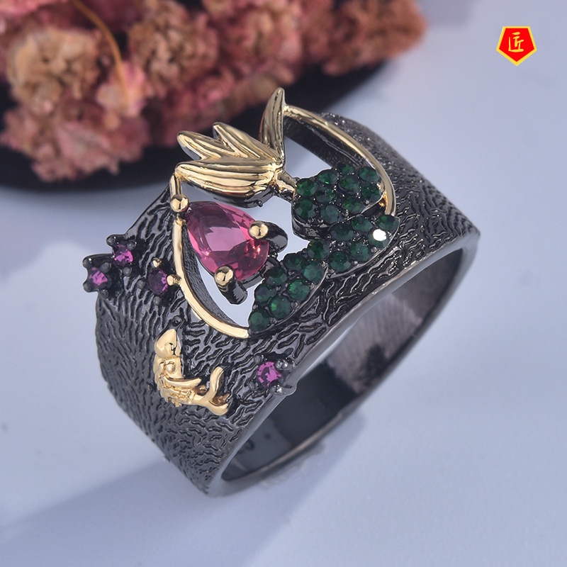 [Ready Stock]Creative New Two-Tone Bird Ring Black Retro Diamonds