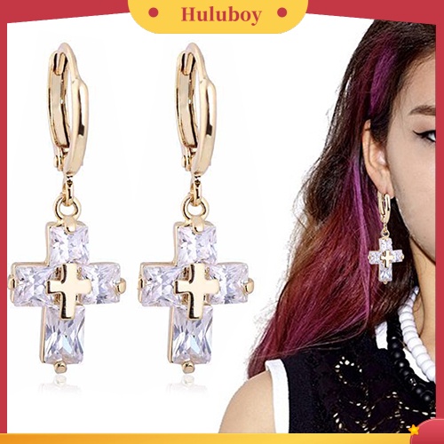 Hu Hu Hu Hu Hu Alat Bantu Pasang Kacamata♡ Anting Bulat Gantung Desain Salib Hias Cubic Zirconia Gaya Mewah Untuk Wanita