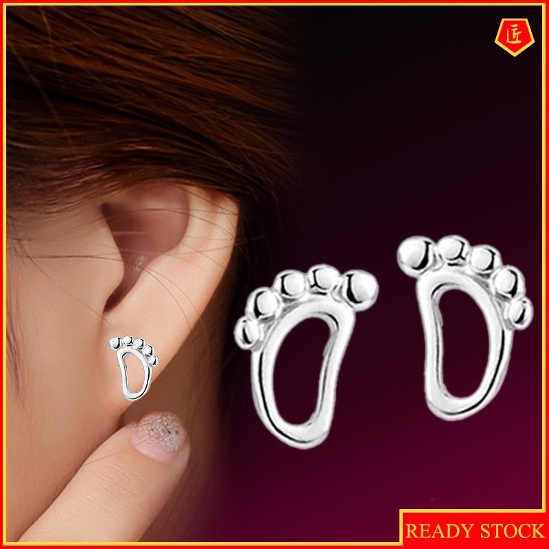 [Ready Stock]Women's Simple Silver Footprints Ear Studs
