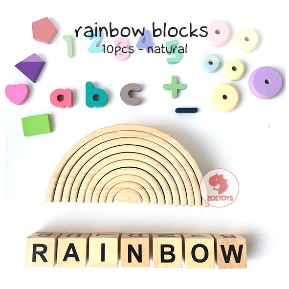 Zoetoys Montessori Rainbow Blocks BIG Size Bright Pastel Natural 10pcs | Mainan Kayu Pelangi Susun Wooden Building Stacking Toy Cari kado Edukasi Natal