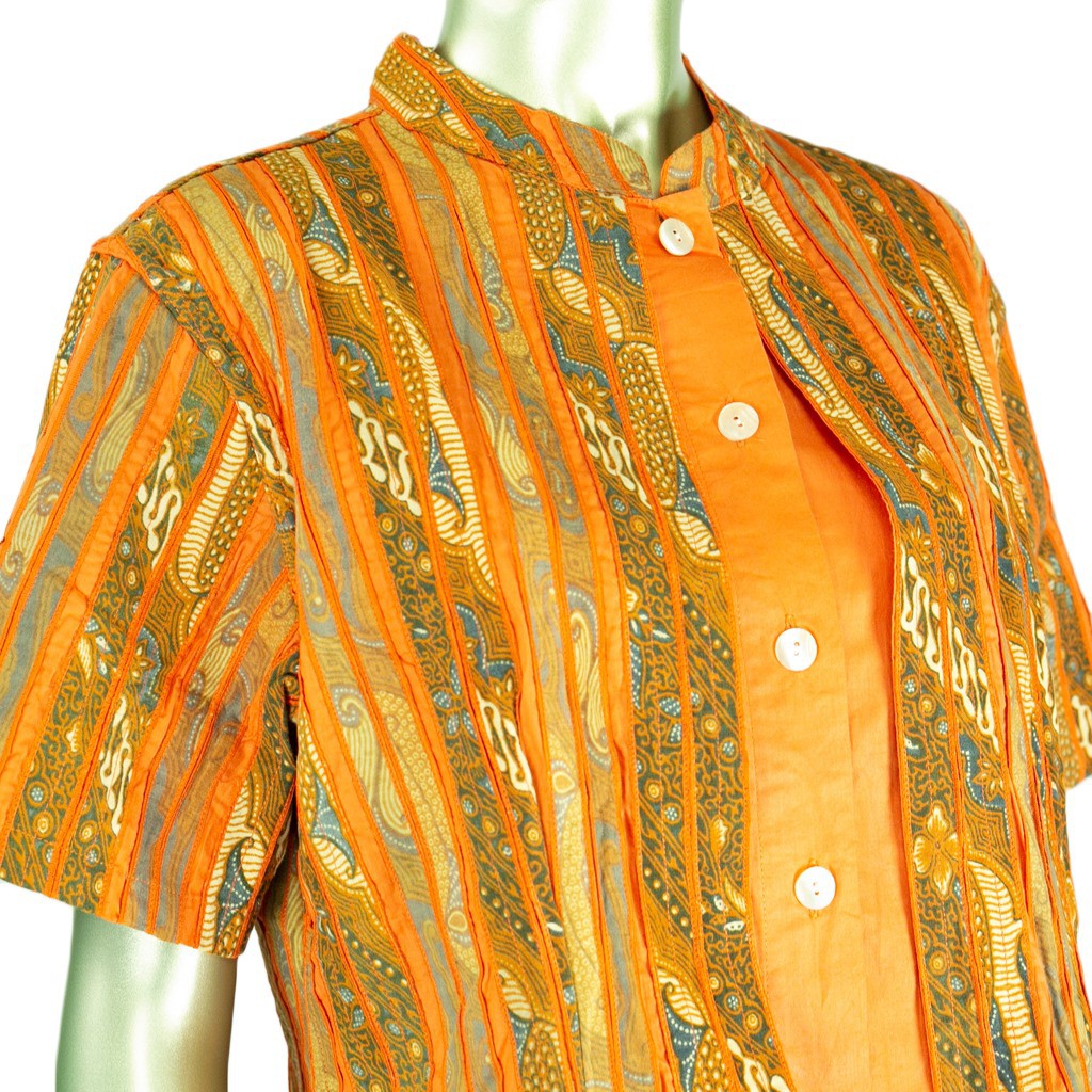 GAUN WANITA TERUSAN JUMBO BATIK ROMPI PATCHWORK KOMBINASI CREPE ORANGE KANCING KERANG