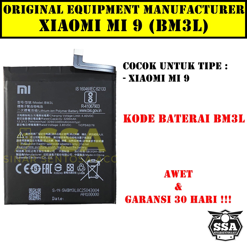 Baterai Xiaomi Mi 9 BM3L Mi9 Xiaomi9 Redmi BM 3L Original OEM Batu Batere Batre Battery Batrai Batrei ori hp Xiao Mi Garansi