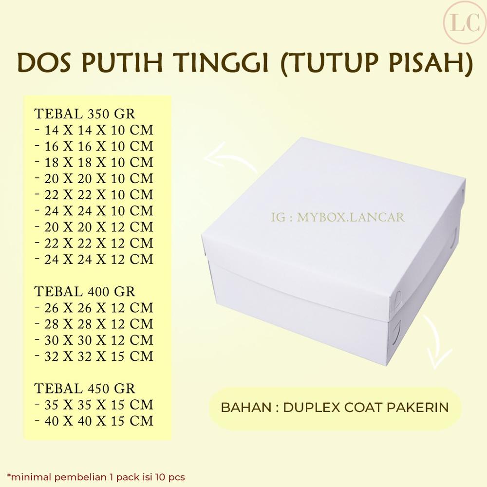 

(10 Lembar) Box Tart Putih 24 X 24 X 12 Cm, Dus Tart Putih Tutup Putih, Kemasan Tar Kue Snack Cake