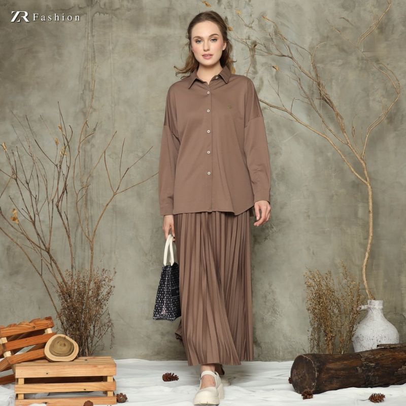 setelan plsiket setelan kemeja rok baju casual set kekinian