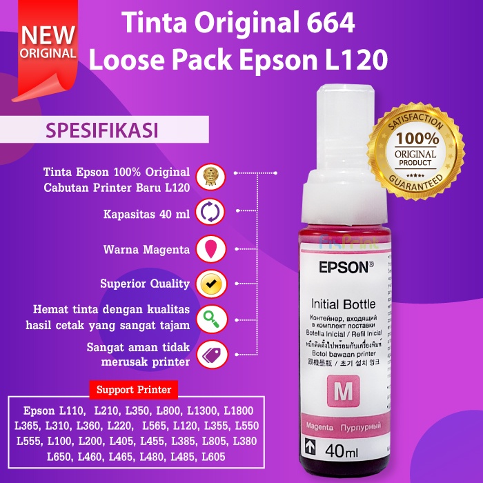 Tinta Epson 664 T664 Original Refill Printer L120 L121 L1300 L565 L360 Black Cyan Magenta Yellow